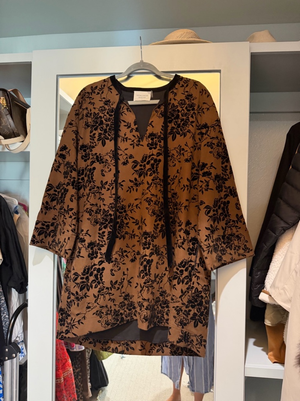 Floral Velvet-Print Mini Dress in Brown and Black